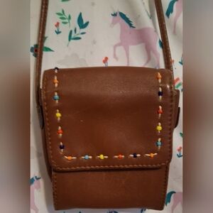 Vintage Fossil Brown Leather Embroidered Bead Casual Boho Purse Bag w/ Wallet